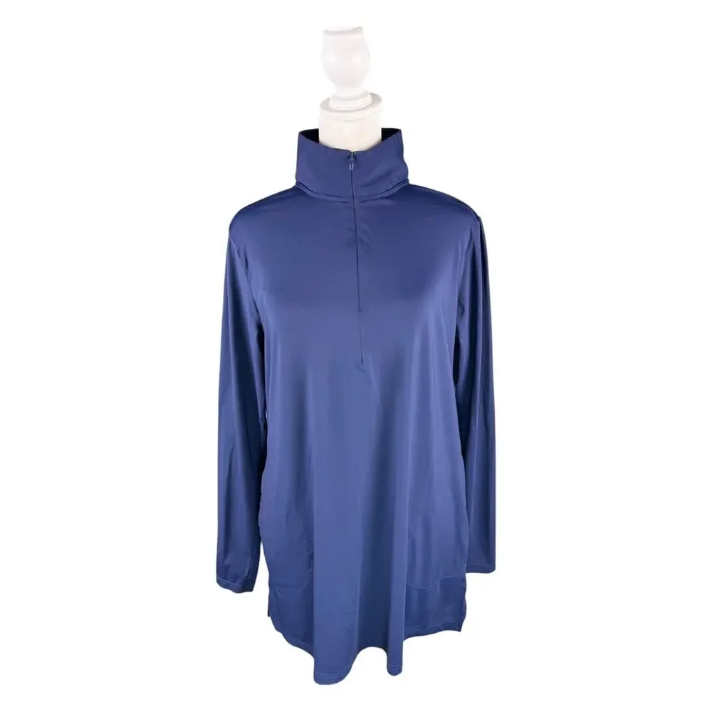 Lands End Women's MP 1/4 Zip Rash Guard Tunic Length Swim Top Navy Blue Pockets